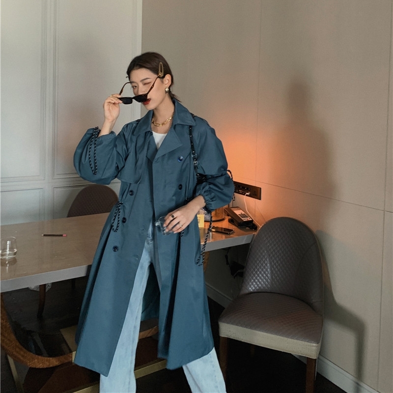 LANMREM autumn solid Women's double-breasted elegant turn-down collar pleated casual preppy style windbreaker coat 2A539 201102