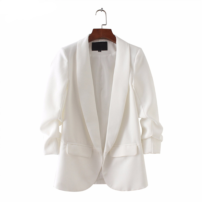 Bella women elegant white black green blazer crimping three quarter sleeve outerwear notched pocket office jacket 201114