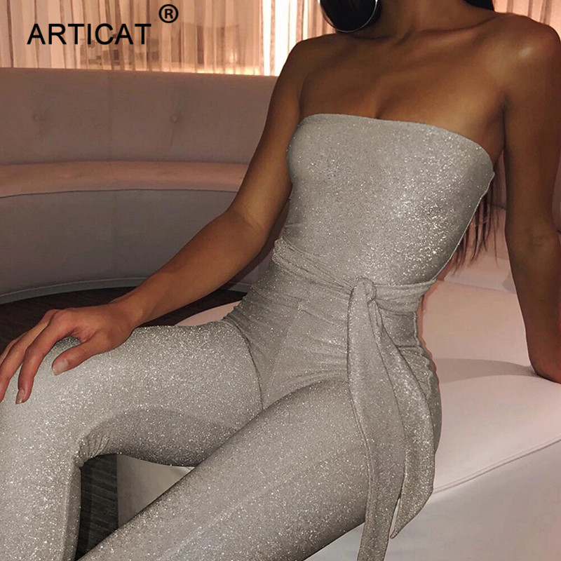 Articat Off Shoulder Sexy Sparkle Jumpsuit Women Pink Bodycon Bandage Long Pants Glitter Backless Party Rompers Womens Jumpsuits T200107