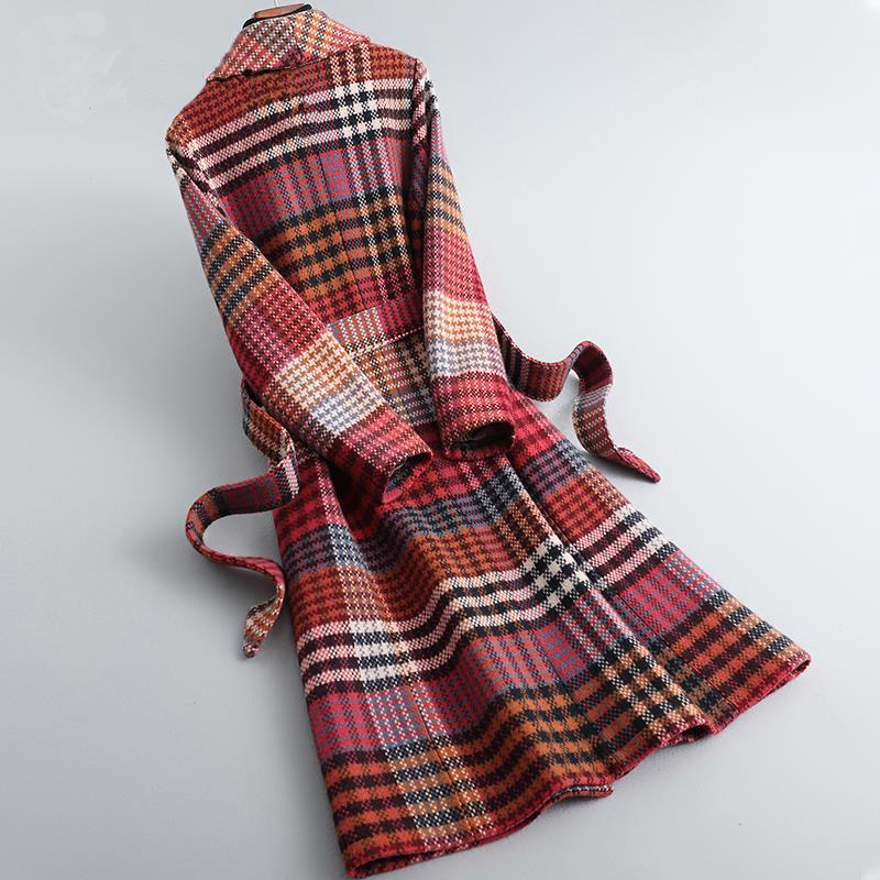 Autumn Winter New Arrival Women Warm Wool Coat Fashion Plaid Belted Blends Outwear Female Korean Slim Office Long Coat 201112