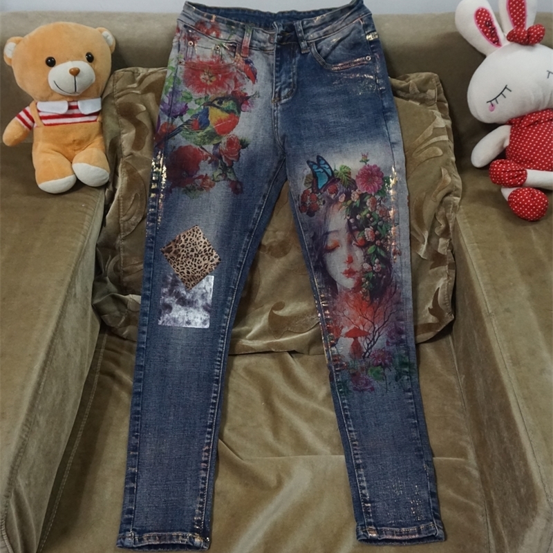 3D Stretchy Jeans With 3D Flowers Pattern Painted Pencil Pants Woman Elegant Style Denim Pants Trousers For Women Jeans 201106
