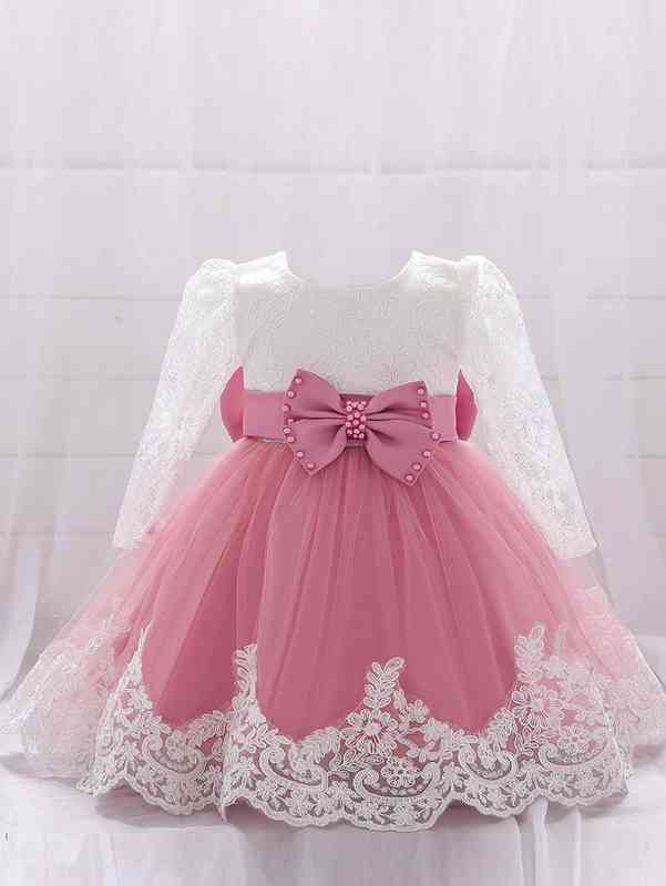 Baby Girl Lace Panel Bow Gown Dress SHE