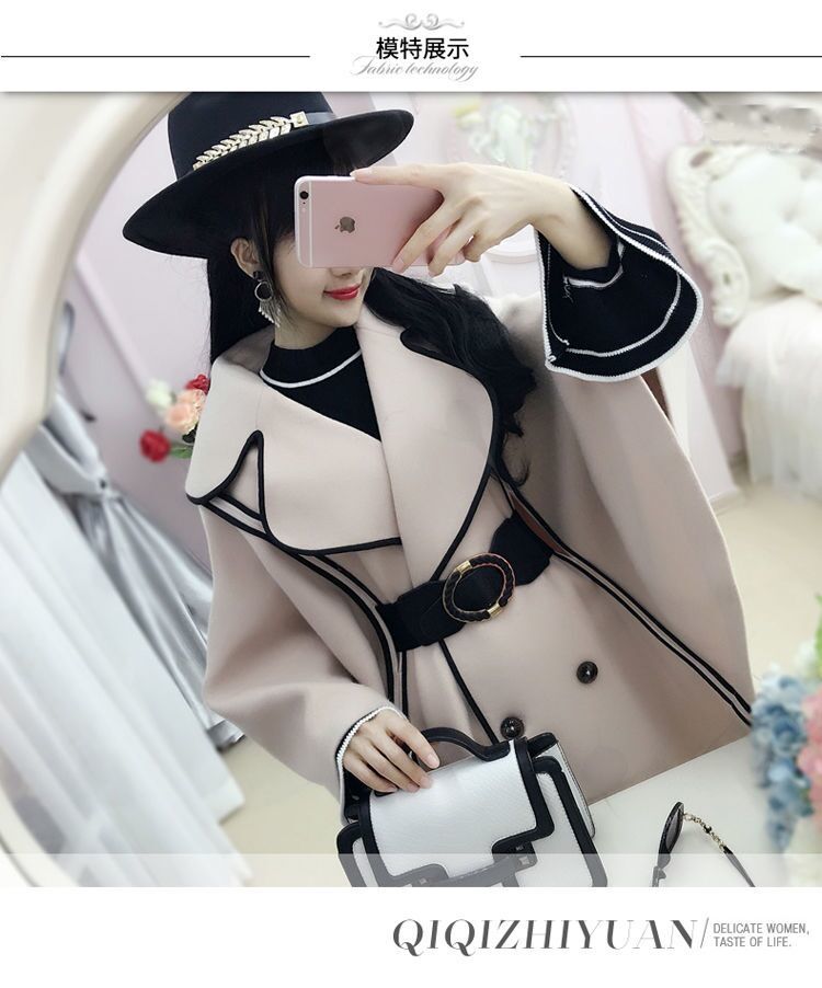 Autumn And Winter Women Coats Women's Beige Black-Edged Bat Cloak Cape Woolen Coat 201214