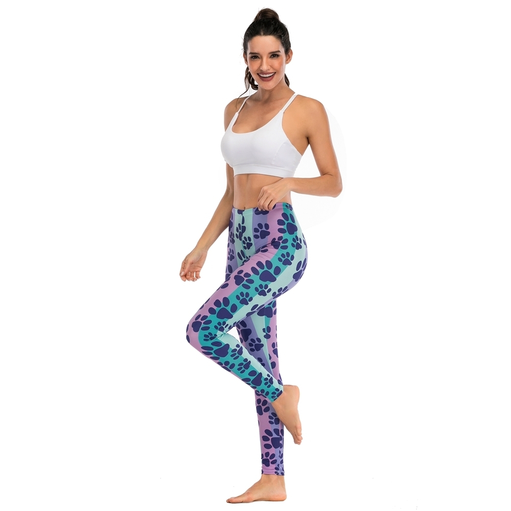 Women Fashion Legging Colorful Striped Dog Footprints Printing leggins Sexy Slim legins High Waist Leggings Woman Fitness Pants 201203