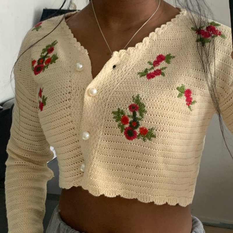 Gagaok Women Knitted Sweet Fashion Sweater Spring Autumn New V-Neck Full Short Embroidery Floral Slim Wild Female Cardigans 201017