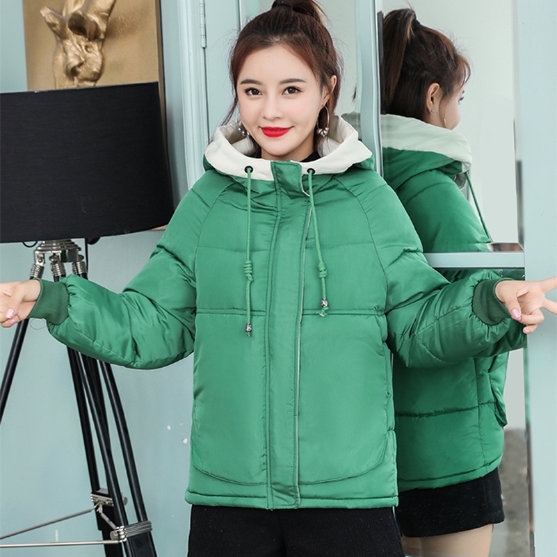 Plus Size Women Winter Short Jacket Loose Hooded Female Cold Coat Stand Collar Oversized Solid Cotton Padded Thick Casual Parkas 201217