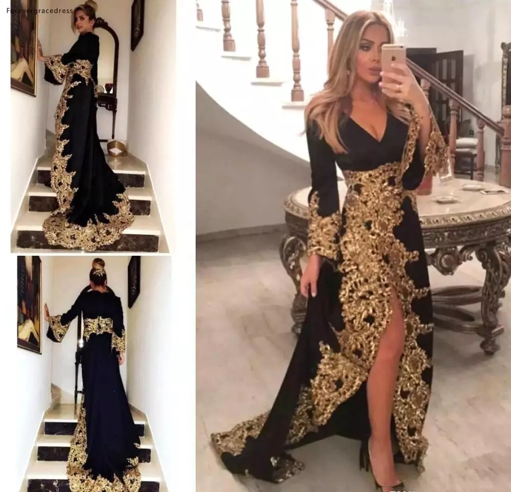 Black V Neck Long Sleeves Evening Dresses 2021 New Arrival Golden Appliques Holiday Wear Formal Party Prom Gowns Plus Size, Silver
Black V Neck Long Sleeves Evening Dresses 2021 New Arrival Golden Appliques Holiday Wear Formal Party Prom Gowns Plus Size, Silver