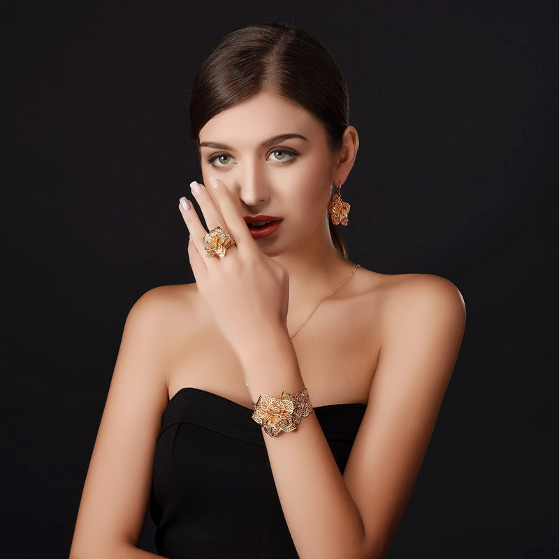 U7 Vintage Big Bracelets Cuff Bangles And Ring Gold Color Exquisite Pattern Flower Jewelry Set For Women Wedding Gift S561 201222