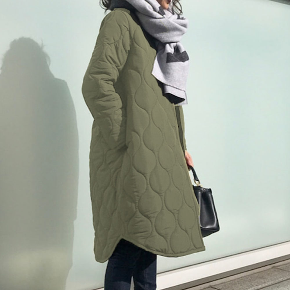 Autumn Cotton Padded Jacket Office Ladies Korean Warm Solid Green Zipper Retro Causal Long Parkas Winter Coat Outwear Overcoat 201017