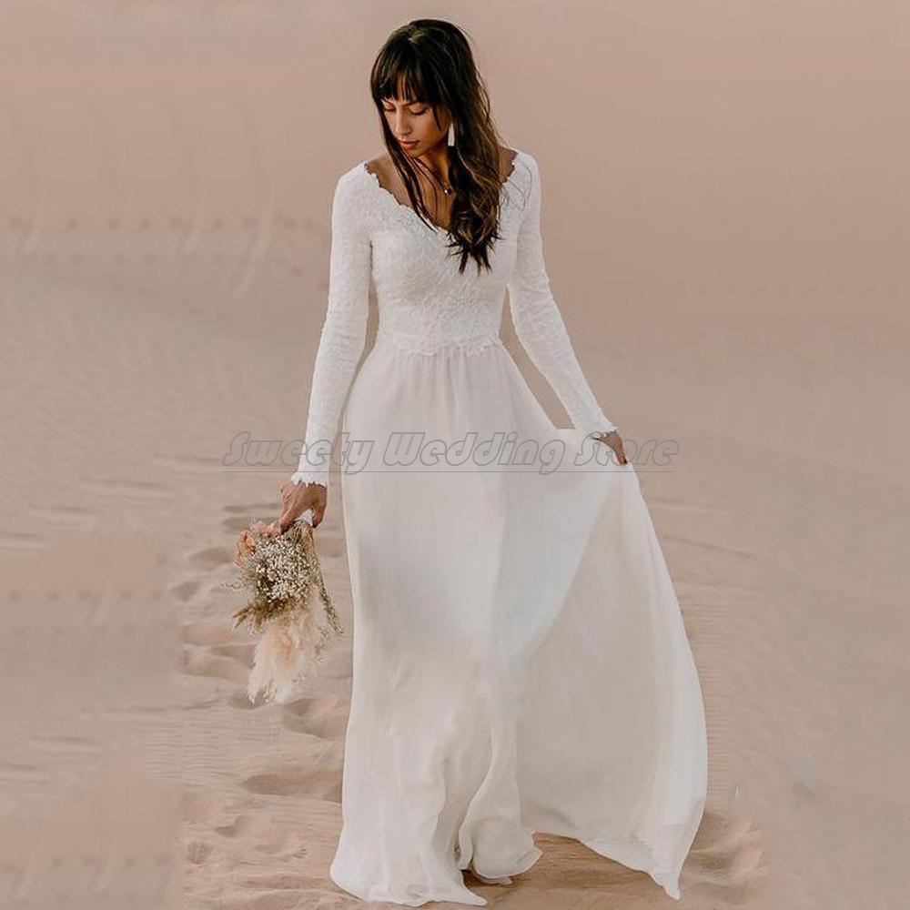 Boho Beach Chiffon Wedding Dress Custom Long Sleeves V Neck Backless Bohemian Bridal Gowns Sweeptrain Robe Soire De Mariage Cg001