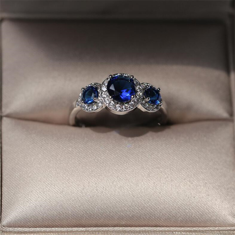 Sterg Sier Three Stone Blue Sapphire CZ Dia Wedding Engagement Ring for Women
