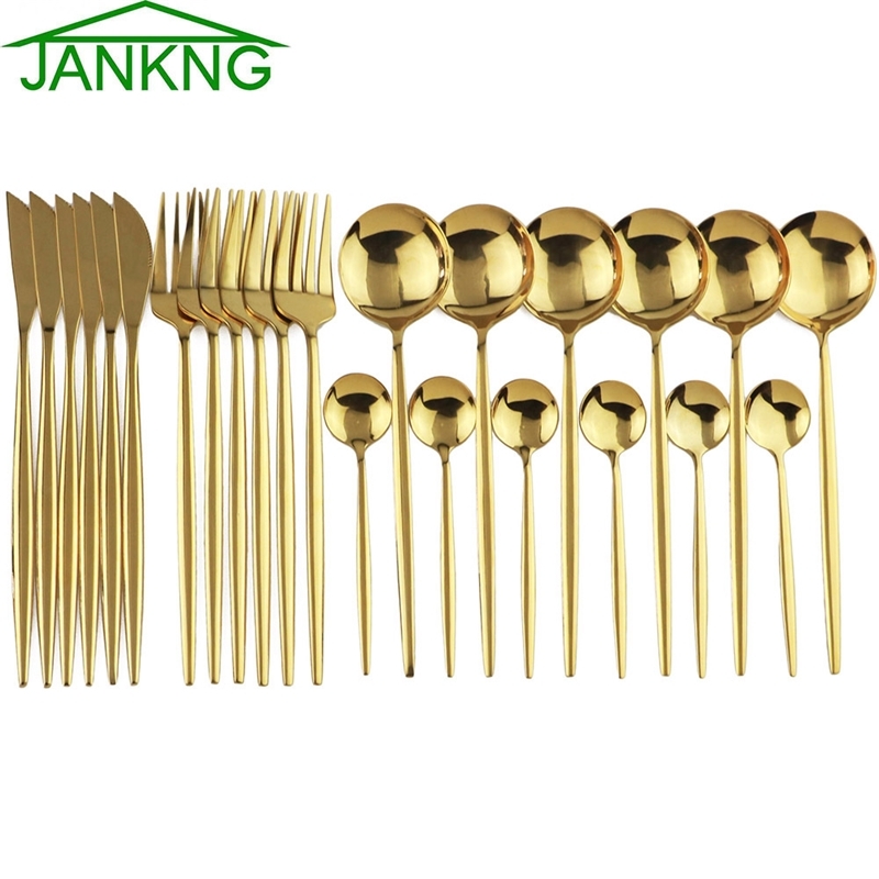 24Pcs Gold Dinnerware Mirror Cutlery Set 304 Stainless Steel Dinnerware Western Silverware Kitchen Knife Spoon Fork Dinner Set 201128
24Pcs Gold Dinnerware Mirror Cutlery Set 304 Stainless Steel Dinnerware Western Silverware Kitchen Knife Spoon Fork Dinner Set 201128
