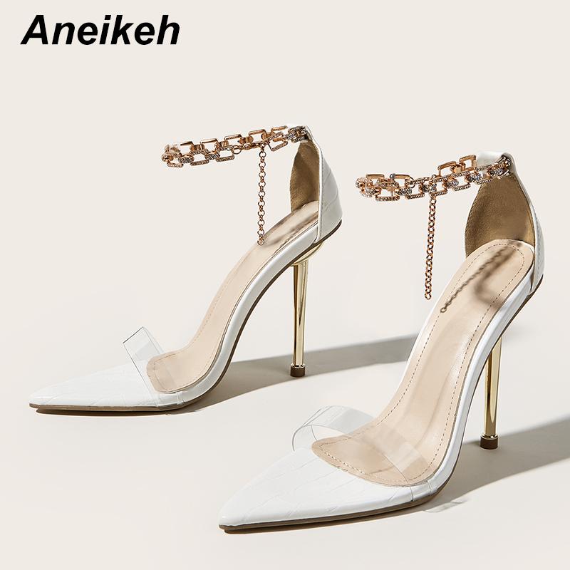 Aneikeh Fashion PVC Women Shoes Metal Decoratio Bling Chain Crystal Pointed Toe Sweet High Heels Ladies Sandals 2021 NEW Summer, White
Aneikeh Fashion PVC Women Shoes Metal Decoratio Bling Chain Crystal Pointed Toe Sweet High Heels Ladies Sandals 2021 NEW Summer, White