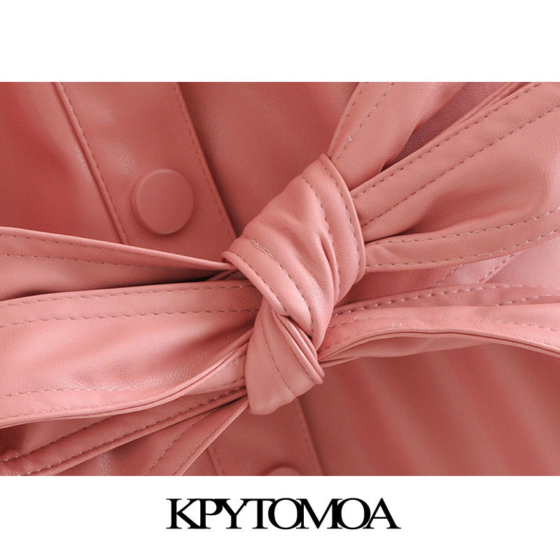 KPYTOMOA Women 2020 Fashion With Belt Faux Leather Jacket Coat Vintage Long Sleeve Pockets Female Outerwear Chic Tops LJ201127