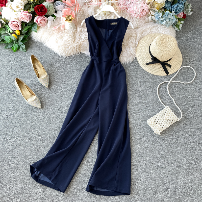 Amolapha Elegant Women V Neck Wide Leg Jumpsuits Sleeveless Woman Casual Solid Romper Clothing T200509