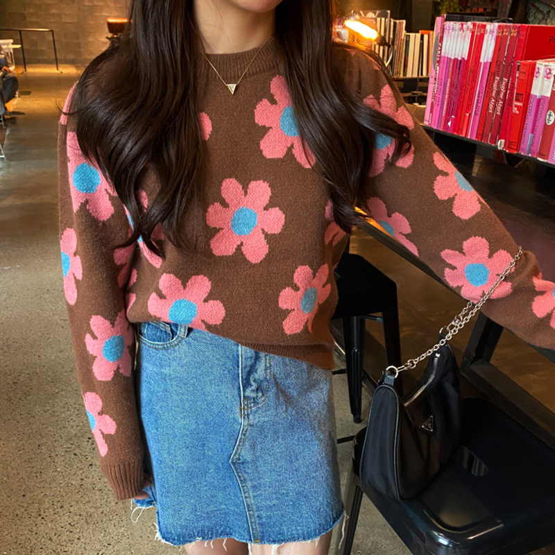 Gagarich Women Sweater Korean Autumn Winter All-match Contrasting Color Flower O Neck Pullovers Loose Long-Sleeved Knitted Tops 201130