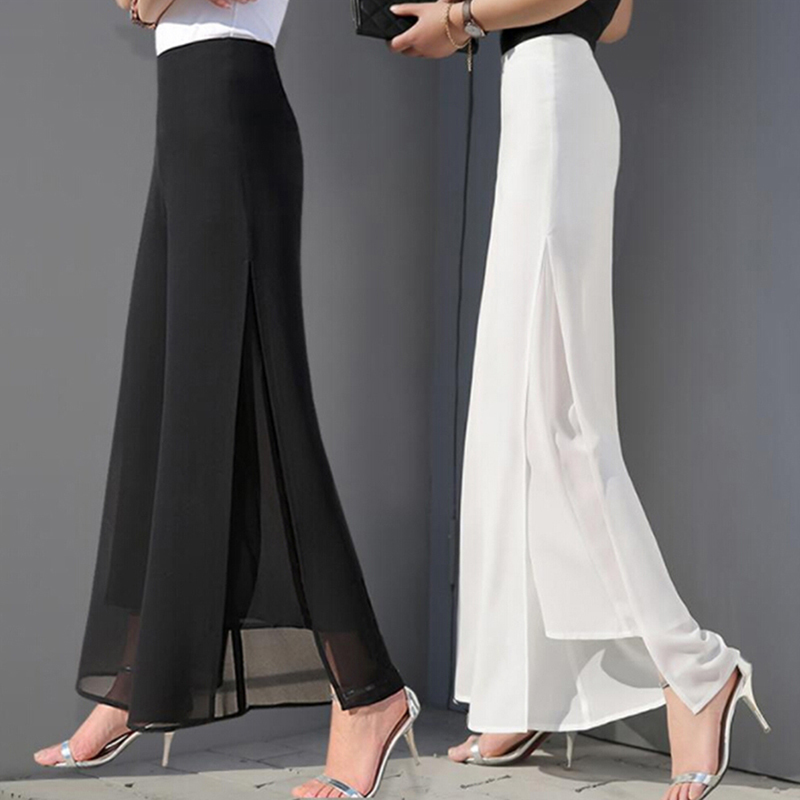 Women Ladies Vintage Loose High Waist Long Trousers Chiffon Side Split Casual Palazzo Pants Wide Leg Pants pantalones T200617
