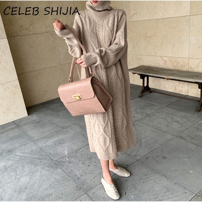 Chic Fashion Turtleneck Long Knitted Jumper Dress Woman full sleeve Looose autumn winter khaki sweater dress female 201030