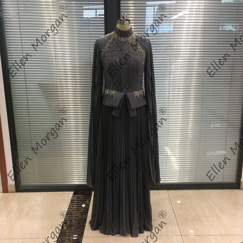Arabic Muslim Silver Chiffon Long Evening Dresses Engagement Wedding Party Events High Neck Formal Gowns For Women Wear 201114