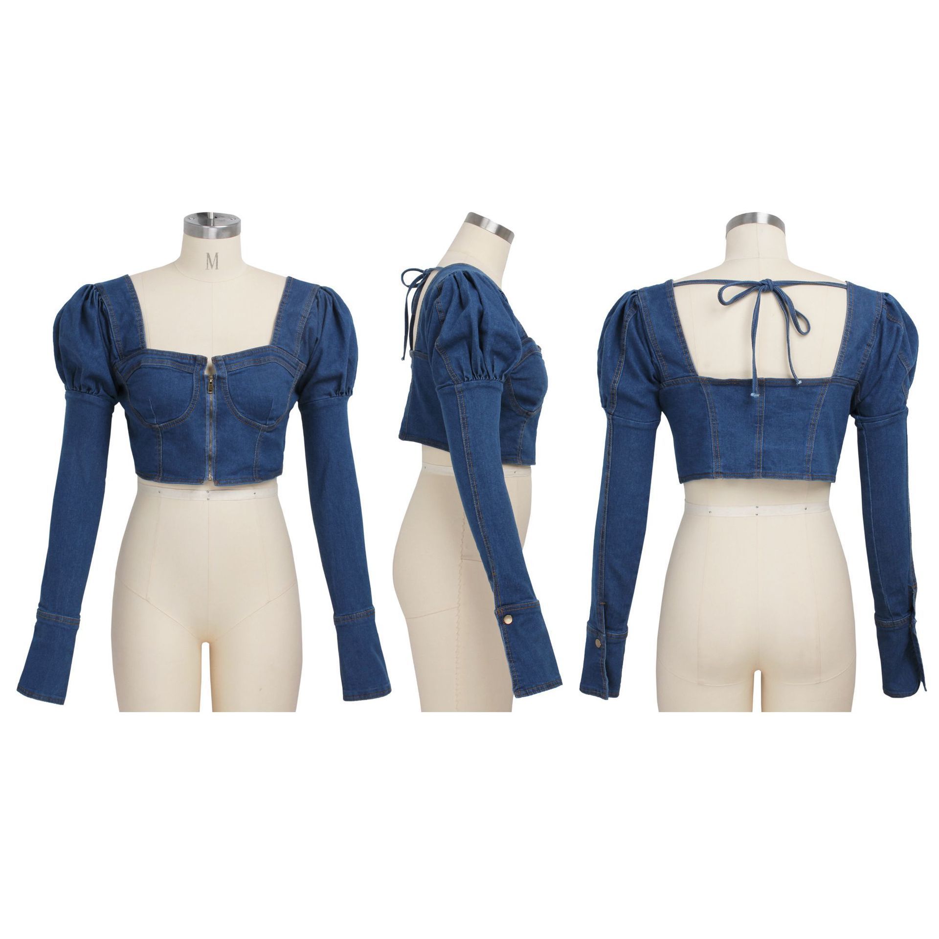Wjustforu Sexy Bandage Short Denim Jacket For Women Zipper Casual Flare Sleeve Jean Coat Female Fashion Hollow Out Party Jacket 201017