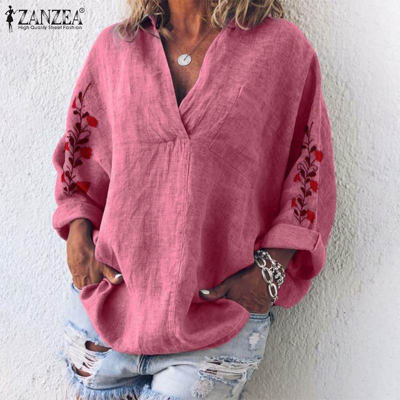 2019 Women Floral Embroidered Blouse Autumn Vintage Cotton Shirts Casual VNeck Long Sleeve Loose Tunic Tops Femme Blusas T200321