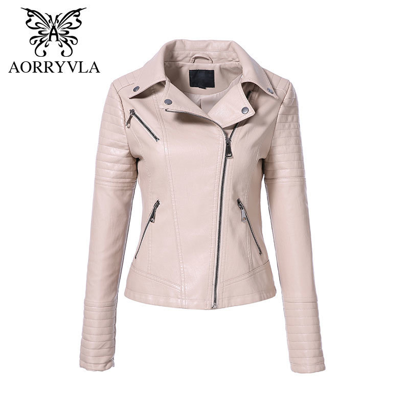 AORRYVLA New Spring Autumn Women's Moto Biker Zipper Jacket Turn Down Collar Black PU Faux Leather Jacket Slim Lady Basic Coat 201028