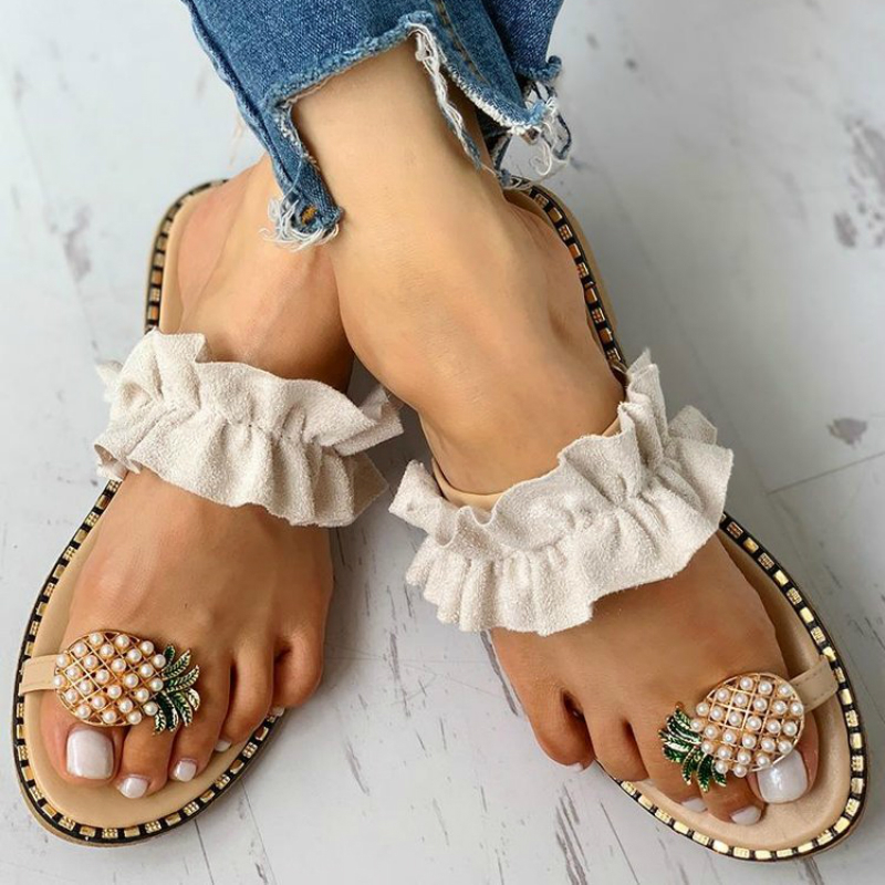Women Slipper Pine Pearl Flat Toe Bohemian Casual Beach Sandals Ladies Shoes Platform Black Slides Wholesale LJ200828