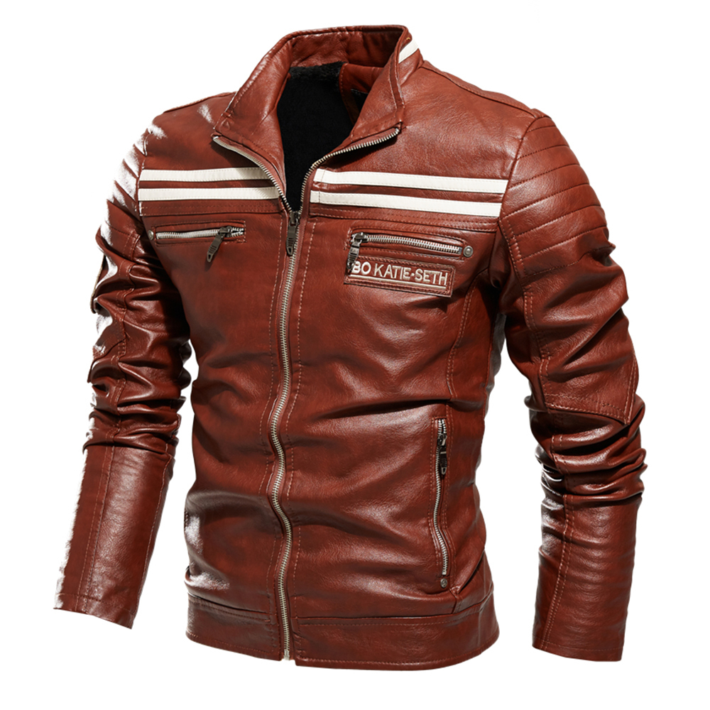 Men Jacket Zipper Leather Jacket Black Motorcycle Jacket Men Stripe Slim Fit Street Wear Coat Autumn Winter Fashion Tops 201104