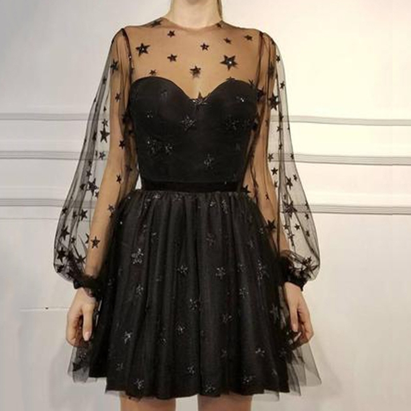 Women Sequin Star Print Tulle Dress Ladies Mesh See-Through Tail Party T200320