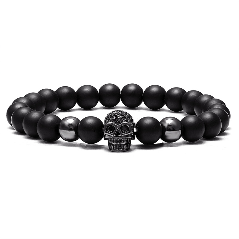 Cool Design Natural Stone Bead Strands CZ Micro Pave Skull Charm Bracelet Jewelry for Man Gift