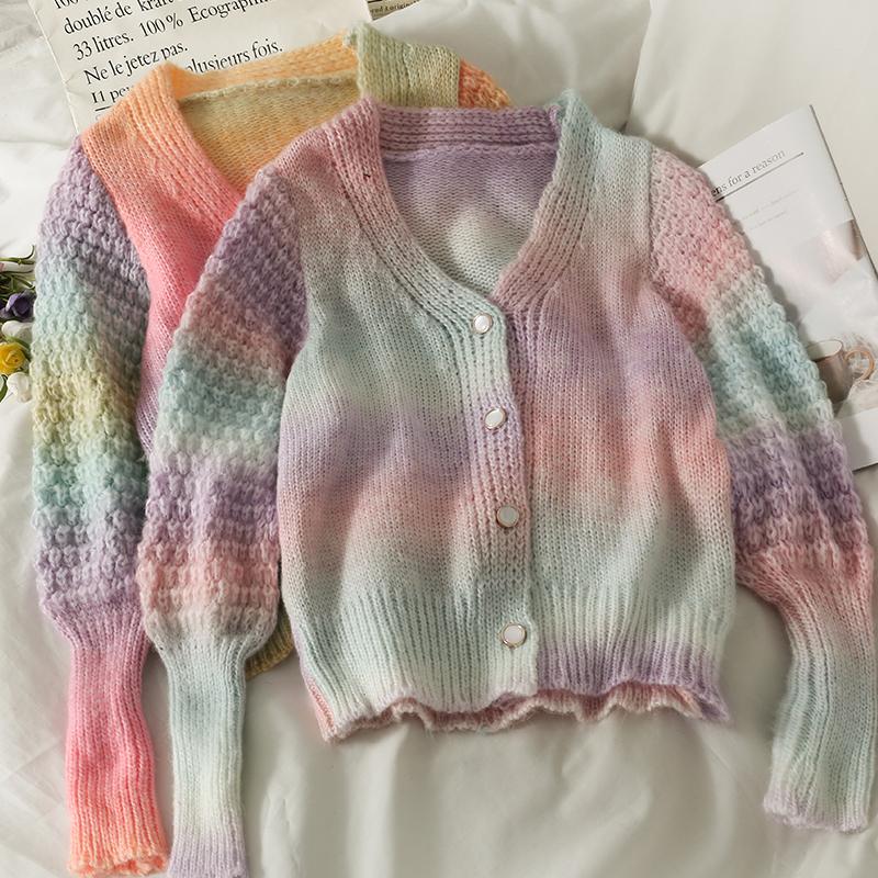 Women's Knits & Tees Sweet Vintage Autumn Rainbow Gradient Cardigan Coat Single-breasted V Neck Puff Long Sleeve Tie Dye Sweater Knitted Top, White
Women's Knits & Tees Sweet Vintage Autumn Rainbow Gradient Cardigan Coat Single-breasted V Neck Puff Long Sleeve Tie Dye Sweater Knitted Top, White