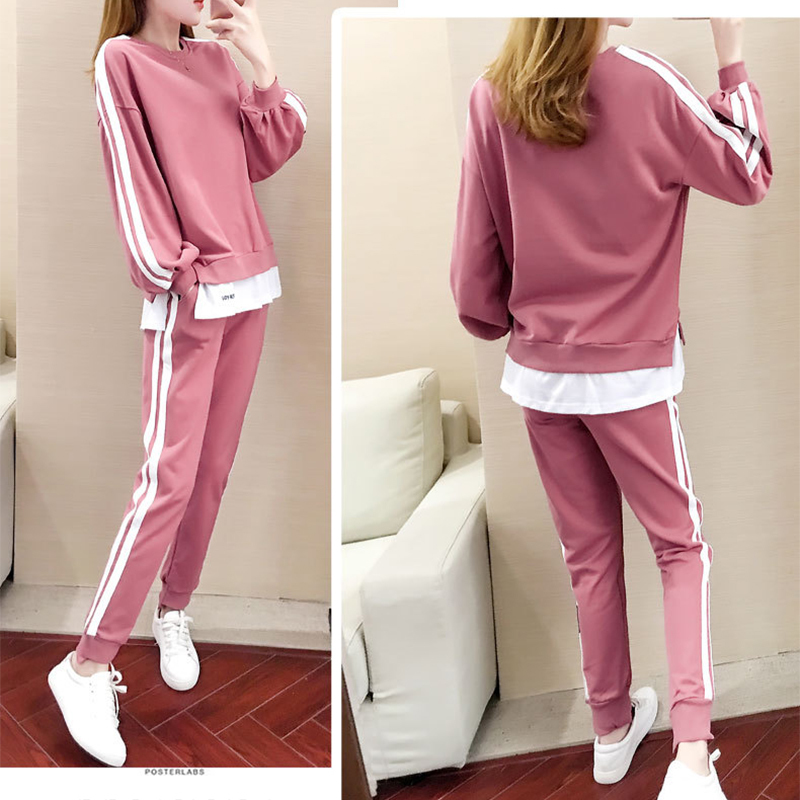 Semfri Tracksuit Spring Autumn Women's Suit Cotton Plus Size O-Neck Sweatshirt +Patch Color Pants Two Piece Set 201119