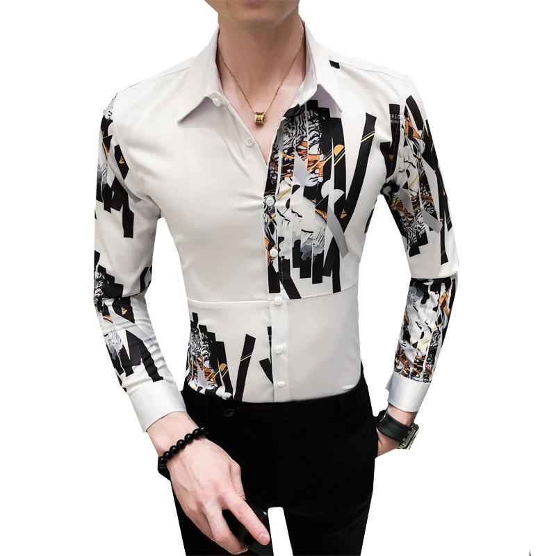 Fashion New Men Shirt Print Club Dress British style Casual Spring Autumn Shirts Long Sleeve Slim Fit Blouse Man Tops Clothes, Black 
Fashion New Men Shirt Print Club Dress British style Casual Spring Autumn Shirts Long Sleeve Slim Fit Blouse Man Tops Clothes, Black