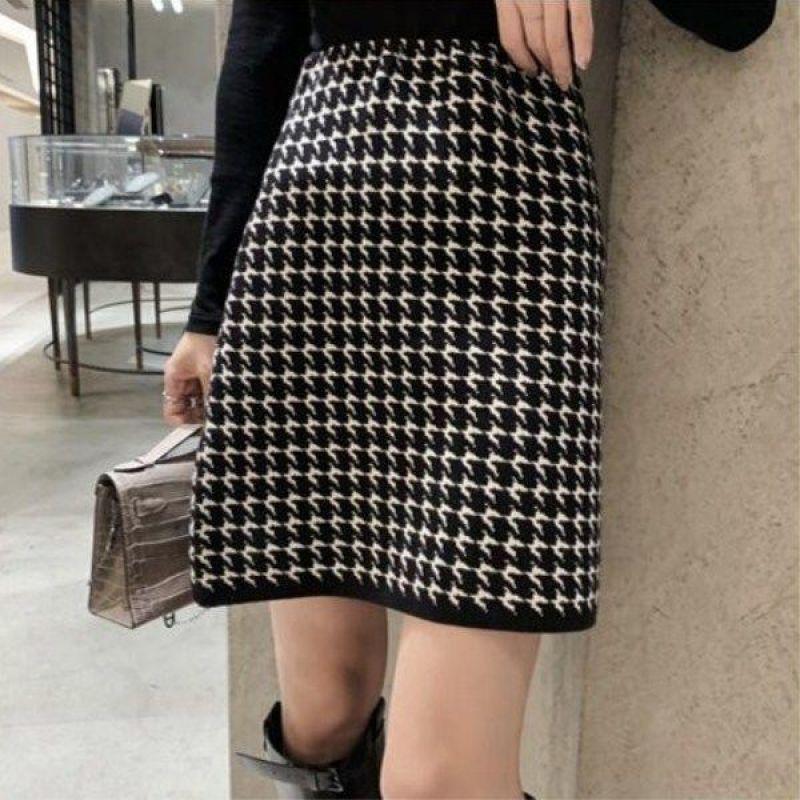 2020 Women Houndstooth Skirt High Waist Skirts Autumn Winter Women Bodycon Mini Skirt Female Short Faldas, Black