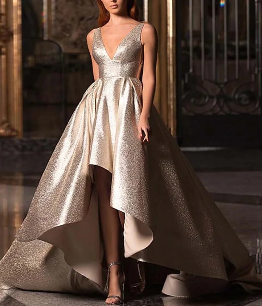 Glittering Gold/Silver Elegant Prom Evening Dress V Neck Sleeveless Backless Sequin Formal Party Gown High Low Robes De Soiree Vestidos Longo 2026