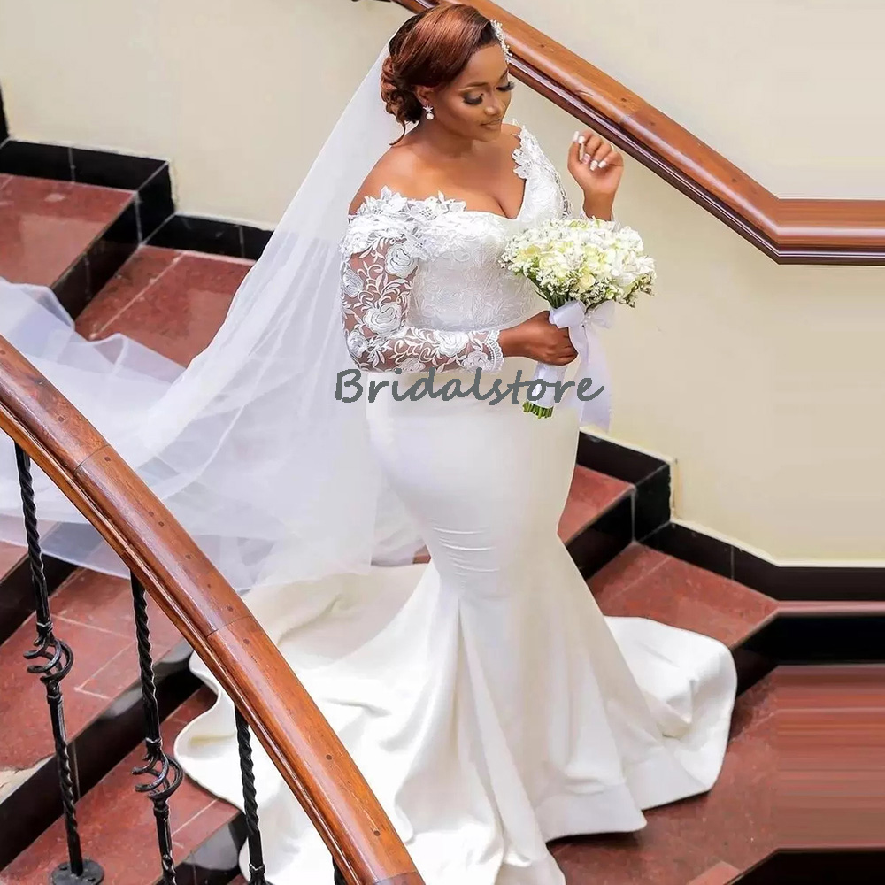 Elegant Plus Size Boho Wedding Dress African Nigeria V Neck Lace Long Sleeve Mermaid Bridal Dresses Satin Women Bohemian Bride Dress Country Garden Ro