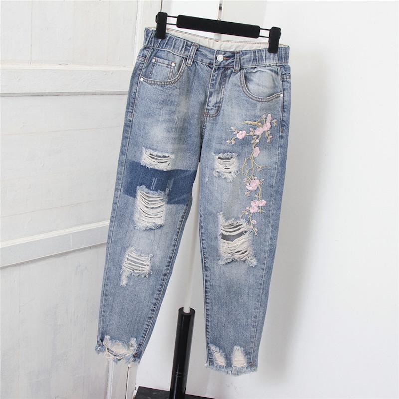 Women Ripped Hole Jeans Flower Embroidery 100KG Large Size Ankle Length Denim Pant Female Elastic Waist Loose Harem Chic Trouser1, Blue
Women Ripped Hole Jeans Flower Embroidery 100KG Large Size Ankle Length Denim Pant Female Elastic Waist Loose Harem Chic Trouser1, Blue