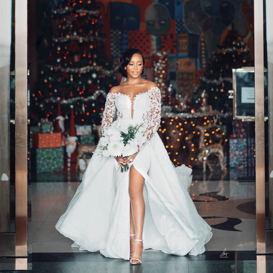 Off Shoulder Lace Mermaid Wedding Dresses Plus Size Women African Long Sleeves vestidos de novia Bridal Gowns with Detachable Train