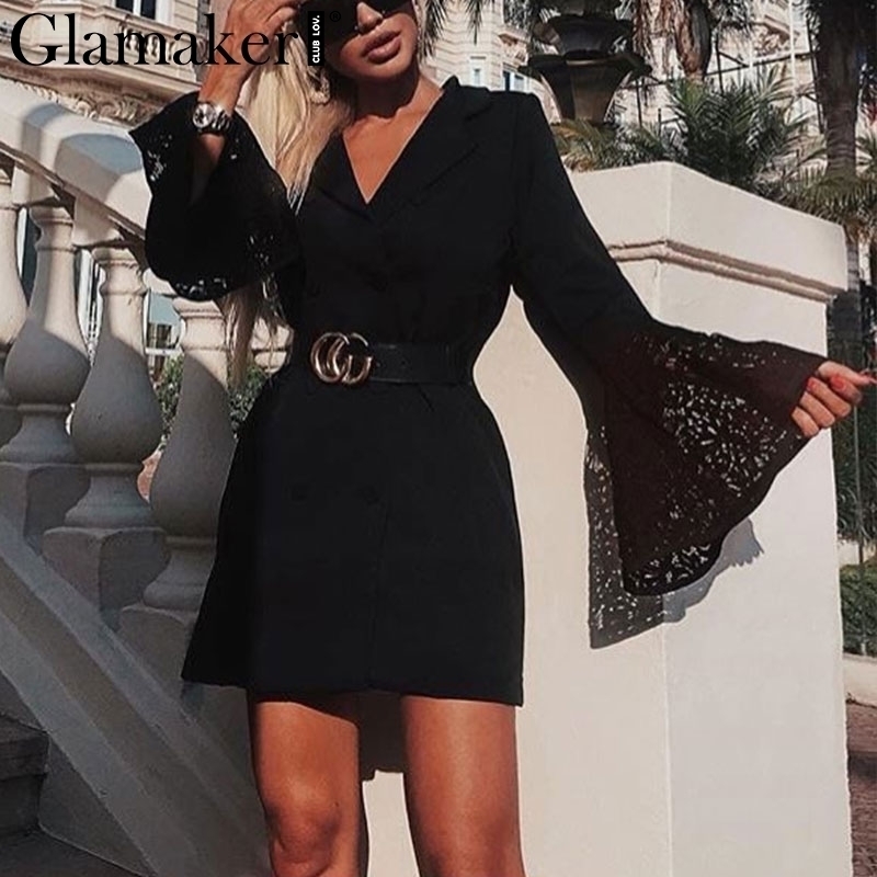 Glamaker Sexy lace patchwork blazer dress women Retro flare sleeve white dress Club party autumn short dress elegant vestidos T200320