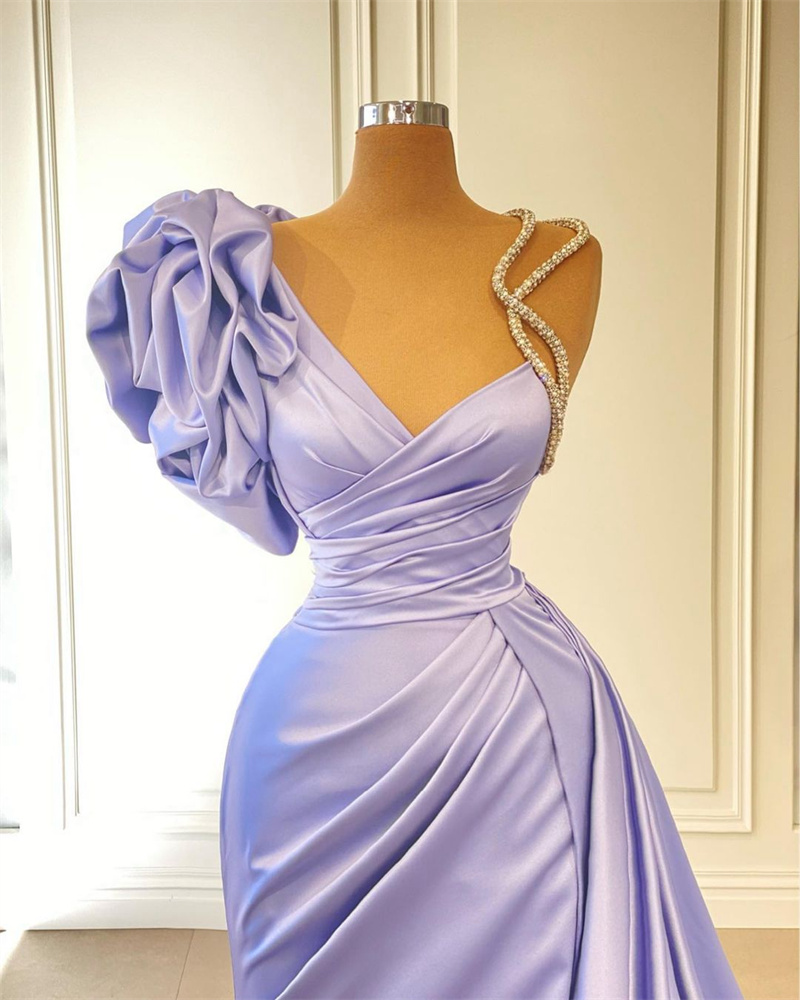 Lavender One Shoulder Mermaid Prom Dresses Side Split V Neck Ruffles Evening Dress Custom Made Beaded Floor Length Celebrity Party Gown
