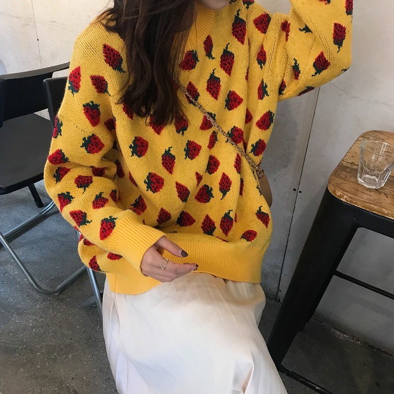OCEANLOVE Sweet Women Sweaters Strawberries Print Long Pullovers Tops Autumn Winter Loose Sueter Mujer Girls Knitwear 12498 201225