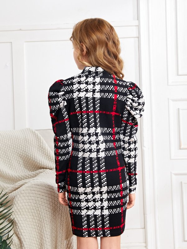 Girls Plaid Gigot Sleeve Mock Neck Dress SHE