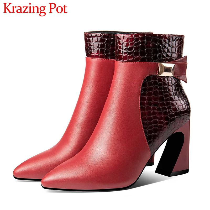 Krazing Pot new unique design metal fasteners mixed colors cow leather print pointed toe high heels winter women ankle boots L85, Black
Krazing Pot new unique design metal fasteners mixed colors cow leather print pointed toe high heels winter women ankle boots L85, Black