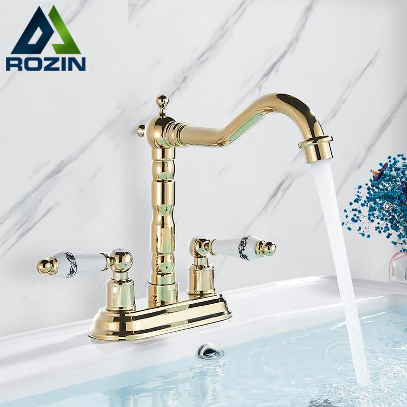Rozin Gold Basin Faucet Dual Ceramics Handle Widespread Bathroom Faucets Deck Mounted Swivel Spout Hot Cold Water Mixers Tap
Rozin Gold Basin Faucet Dual Ceramics Handle Widespread Bathroom Faucets Deck Mounted Swivel Spout Hot Cold Water Mixers Tap