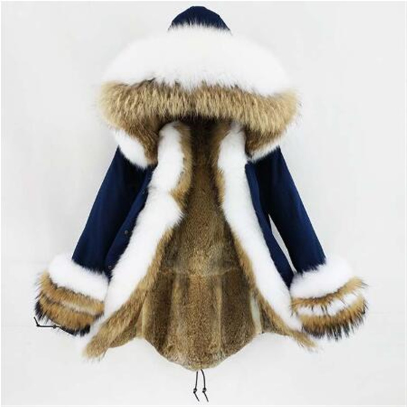 New Women Real Coat Winter Jacket Rabbit liner Thick Warm Natural Raccoon Fox fur Collar Hood Cuffs Long Parka 201112