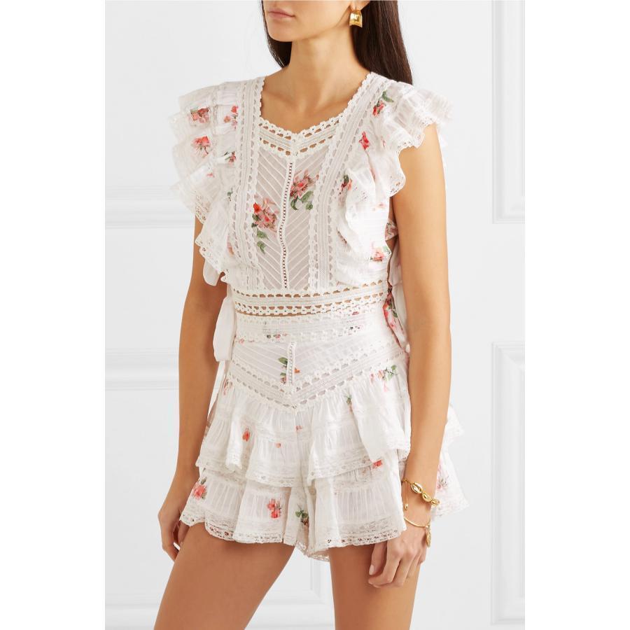 Women Two Piece Outfits Summer Lace Sleeveless Crop Top High Waist Shorts 2 Piece Set Ruffles Hollow Out Embroidery Women Sets T200325