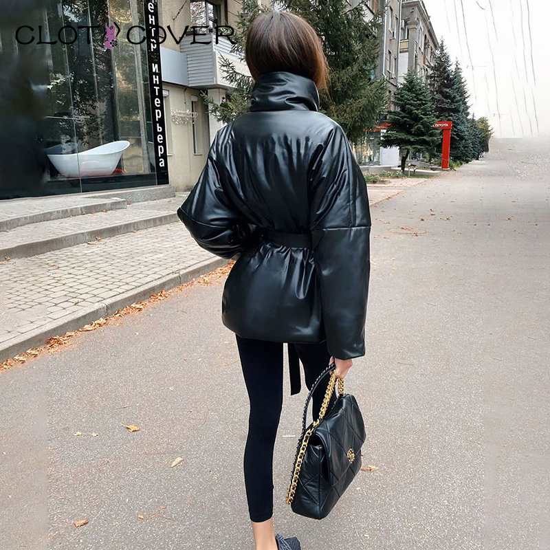 Womens Coats Autumn Winter Warm Jackets Coats Cotton Parkas With Belt Lady Loose Pocket Bubble Short Thicken Cotton Overcoat S-L 201217