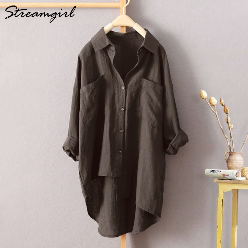 White Linen Shirt Women Long Sleeve Summer Work Wear Linen Blouse Female 5xl Women Blouses Plus Size Women's Shirts With Pocket 201029