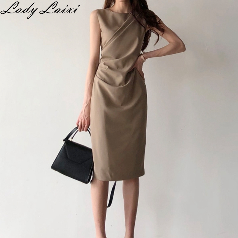 Summer Retro High Waist Draped Dress Female New Fashion Sexy Sleeveless Bag Hip Slimming pencil Dress work Vestidos T200416