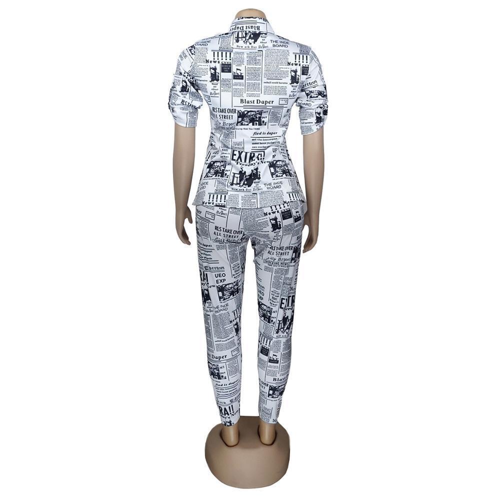 women new summer newspaper letter print blouses shirts & pencil pants suit two piece set vintage tracksuit outfit GLAL048 T200603